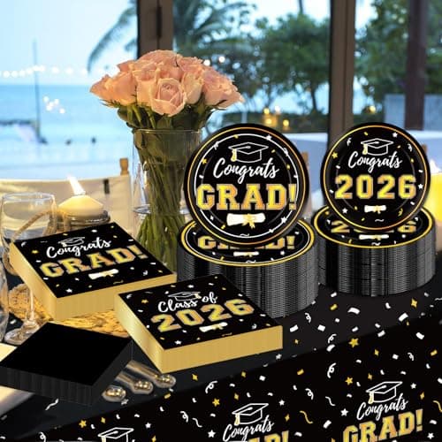 Graduation Decorations 2026 Class of 2026 Congrats Grad Disposable Paper Plates Luncheon Napkins Cocktail Napkins Black Gold Graduation Party Supplies Serve 50 - Thumbnail 2