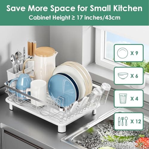 MOUKABAL Dish Drying Rack, Dish Rack, Stainless Steel Dish Racks for Kitchen Counter, Dish Drainer with Removable Utensil Holder, Drainboard (White,Stainless Steel,13''W x 17''L) - Thumbnail 4