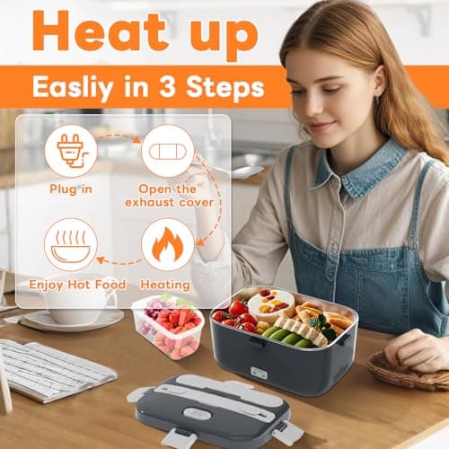 DUPASU Electric Lunch Box Food Warmer: 100W Heated Lunch Box for Adults, 1.8L Portable Fast Heating Lunchbox Food Heater for Car, Truck, Work, Travel, Lonchera Elctrica Porttil 12/24V/110-230V - Thumbnail 5