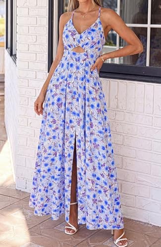 BTFBM Summer Dresses for Women 2026 Spring Floral Spaghetti Strap Smocked Cutout Maxi Dress Resort Beach Vacation Outfit(Floral Blue, XX-Large) - Thumbnail 4