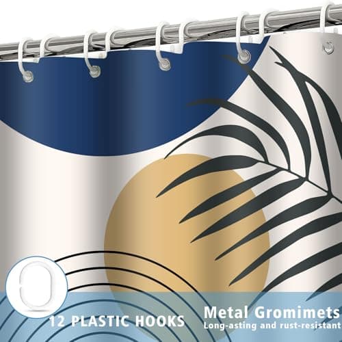 LYLYCTY Boho Shower Curtain Set, Blue Bohemian Mid Century Leaf Sun Modern Shower Curtains for Bathroom Decor Waterproof Fabric with 12 Hooks 72x72 Inches - Thumbnail 6