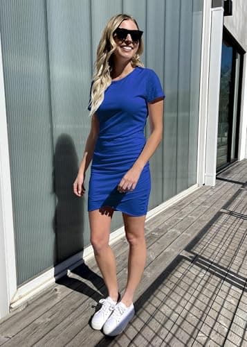 BTFBM Women’s Summer Dresses 2026 Casual Bodycon Mini Dress Short Sleeve Crew Neck Ruched Spring Beach Vacation Outfits(Dark Blue, Small) - Thumbnail 6