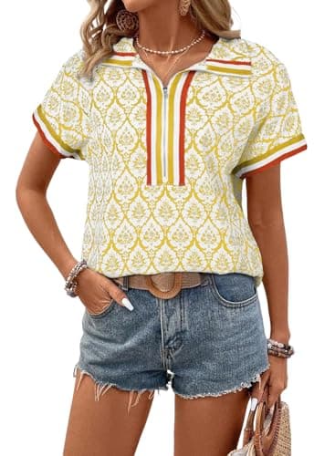 SHEWIN Women Summer Shirts Trendy Casual Dressy Tops Spring Work Business Blouses Fall Fashion Half Zip Outfits Boho Bohemian 2026 Clothes Size M，Yellow - Image 1