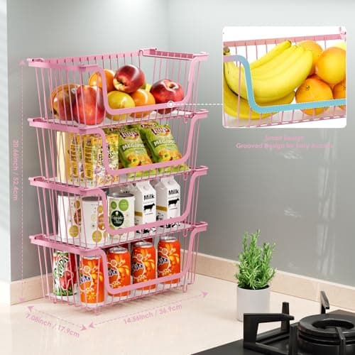 4 Pcs Stackable Wire Baskets for Pantry Organizers and Storage,pink, - Thumbnail 3