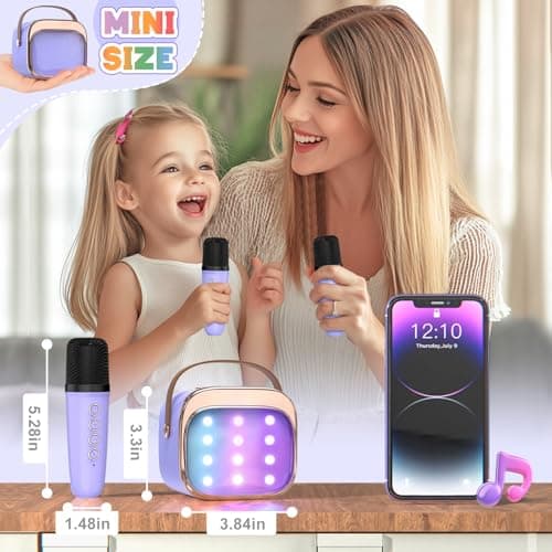 FLUESTON Mini Karaoke Machine for Kids Adults, Portable Bluetooth Speaker with 2 Wireless Microphones, Easter Basket Stuffer for Kids, Toys for Girls Ages 3, 4, 5, 6, 7, 8, 9,10,11 + Years Old - Thumbnail 6