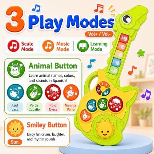 Toys for 1-3Year Old Boy Gift,2-in-1 Electric Guitars,12-18 Month with Spanish Animal Sound and Light Dinosaur Musical Guitar Piano Toys,Learning Educational Gift for Toddlers - Thumbnail 2