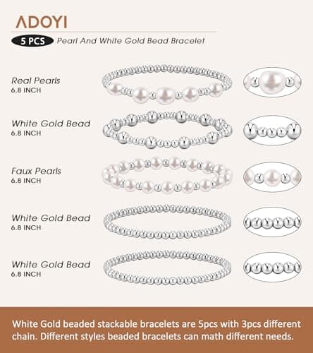 adoyi Silver Beaded Bracelets for Women, 14K Gold Plated Bead Bracelets Stack Trendy Stackable Bracelet Set Strand Stretch Pearl Ball Bracelet Bracelet Set Jewelry Set for Women Gift 6.8 inches - Thumbnail 6