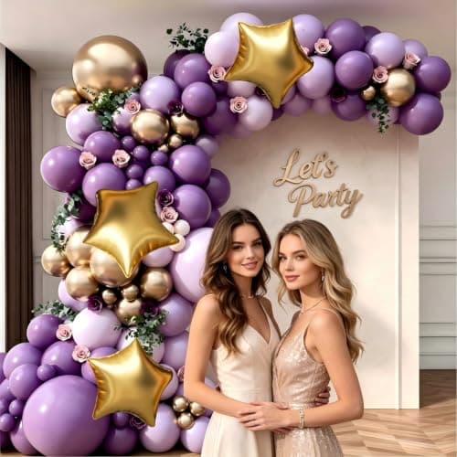 Purple and Gold Balloon Garland Arch Kit, Purple Light Purple Metallic Gold Balloons with Gold Star Foil Balloons for Lavender Butterfly Birthday Wedding Baby Shower Anniversary Party Decorations - Thumbnail 3