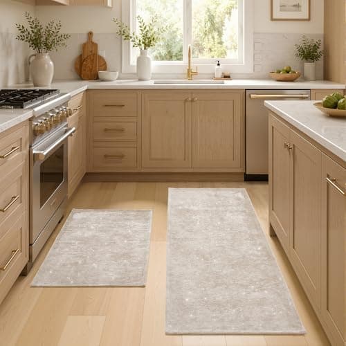 UKISS 2PCS Large Bath Mats, Shiny Chenille, Non Slip Bath Rug Set, Ultra-Absorbent Bath Mats for Bathroom Decor, Extra Soft Floor Kitchen Rugs,Washable Mat Quick Dry, 20" x 32" + 20" x 50", Beige - Image 1