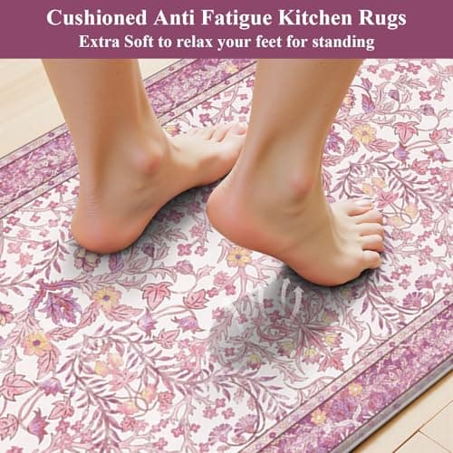 U'Artlines Kitchen Anti Fatigue Mats Sets of 2,Double-Sided Print Kitchen Mat Cushioned Comfort Standing Waterproof PVC Rugs,Pink Floral Rugs for Laundry Office Desk Sink(17"x28"+17"x47") - Thumbnail 3