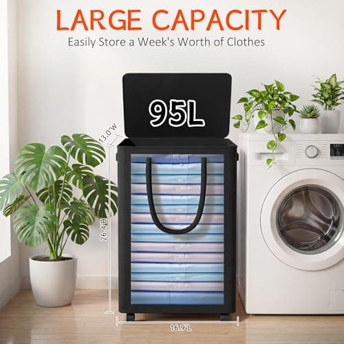 Slim Laundry Hamper with Wheels,25 Gal (95L) Rolling Laundry Basket with lid and wheels Clothes Hamper Foldable Tall Dirty Clothes Basket Sturdy Collapsible Clothes Hamper for Dorm,Laundry Room - Thumbnail 2