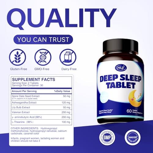 HUJ Deep Sleep Tablet - Supports Sleep Quality & Deep Sleep - Contains GABA, Ashwagandha, Spine Date Seed, L-Theanine, Valerian Extract & Lily Bulb Extract - 60 Tablets - Thumbnail 6