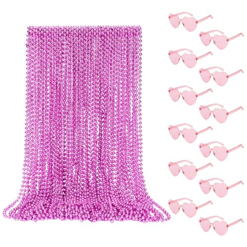 SWANUCKY Party Accessories Set – 12 Pcs Heart Sunglasses & 48Pcs Beaded Necklaces, Bulk Mardi Gras Favors for Adults, Bachelorette Birthday Wedding Concert Photoshoot Supplies (Pink) - Image 1