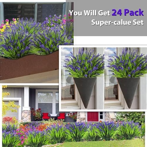 trytuny Artificial Plants Outdoor, 20PCS Lavender Artificial Flowers,Fake Plants Plastic Faux Flowers,UV Resistant Fake Flowers No Fade Faux Plastic Plants for Outdoor Planters for Home Garden - Thumbnail 3