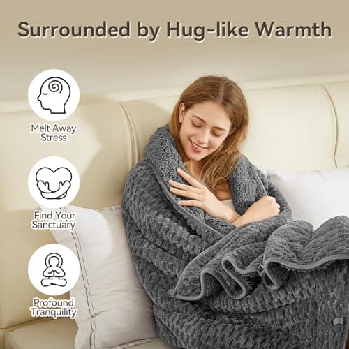 Weighted Blanket Queen Size for Adults,15lbs Jacquard Sherpa Heavy Blanket for Calming and Relax, Dual Sided Ultra Soft Fuzzy Throw Blanket with Glass Beads, 48" x 72" 15lbs, Dark Grey - Thumbnail 2
