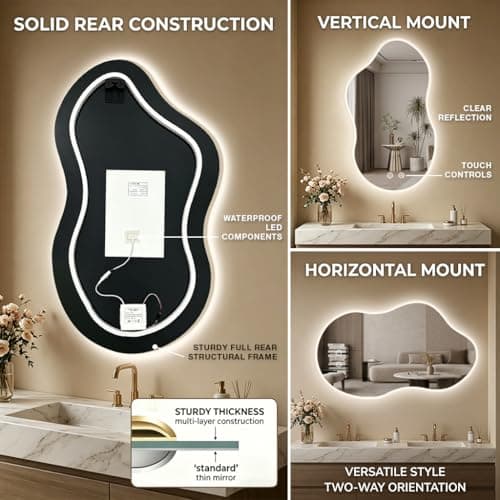 Irregular LED Mirror with Lights 40x24 Inch Backlit Asymmetrical Bathroom Mirrors for Wall Cloud Lighted Vanity Mirrors Shatterproof, Anti-Fog, Dimmable, 3 Colors (Horizontal/Vertical) - Thumbnail 6
