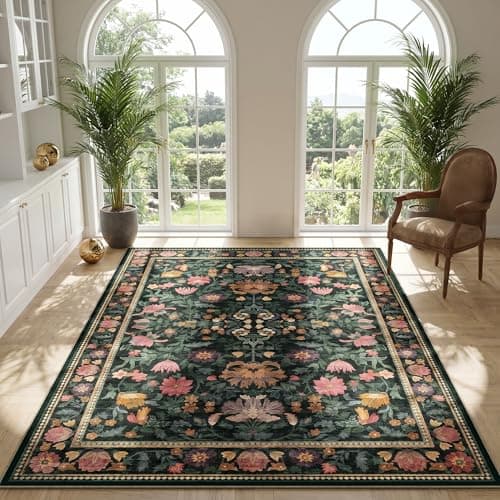 Cnythlis 5'x7' Dark Green Living Room Area Rug, Washable Non-Slip Silicone Backing Vintage Botanical Boho Carpet, 0.26" Low Pile Faux Wool Soft Rug, Water Stain Resistant for Bedroom Dining Room - Image 1
