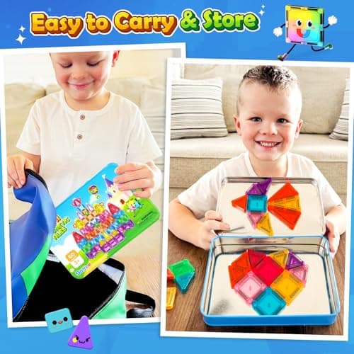 Soyee Mini Magnetic Tiles 60PCS Toddler Kids Toys Travel Set with Metal Tin Case, Portable STEM Building Blocks Kids Toy for 3 4 5 6 7 8 Year Old Boys & Girls, Educational Toddler Kids - Thumbnail 3