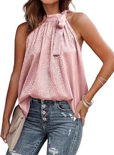 BTFBM Satin Halter Tops for Women 2026 Summer Spring Clothes Leopard Side Tie Bow Mock Neck Sleeveless Loose Tank Top(Light Pink, Medium) - Image 1