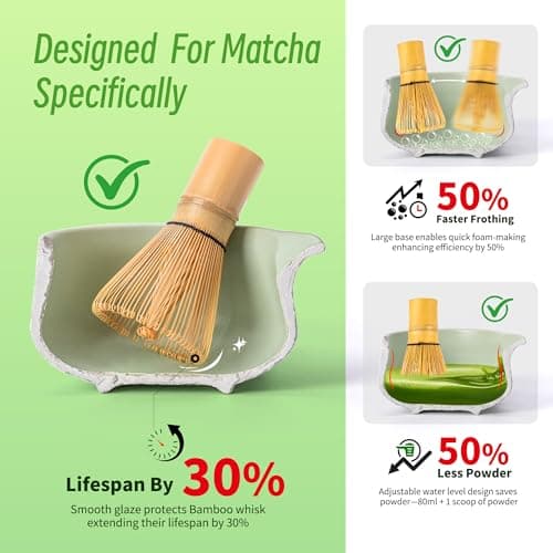 TEANAGOO Matcha Whisk Set Green,7 Pcs Matcha Set,Matcha Starter Kit for Ceremony,Matcha Tea Set for Making Breakfast/Latte,Green Matcha Bowl(Chawan) whith Spout and Whisk,Gift for Friend/Family - Thumbnail 3