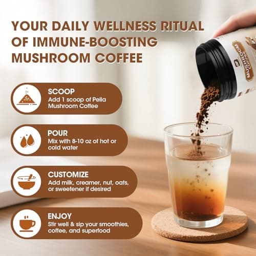 B BEWORTHS 2Pack Mushroom Coffee Powder with MCT Oil - 10 Mushroom Lion's Mane, Turkey Tail, Reishi, Cordyceps & Chaga - Instant Arabica Mushroom Coffee for Focus, Immune, Gut & Brain Health | Keto - Thumbnail 6