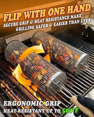Rolling Grill Basket Set, 2-Pack 304 Stainless Steel BBQ Tool with Removable Wooden Handle for Vegetables, Shrimp, Camping, Smoker Accessories, Gifts for Men Dad Husband - Thumbnail 5