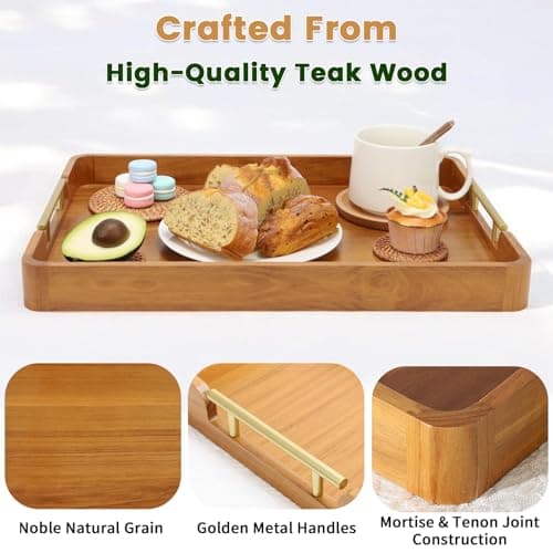 Fopeat Solid Teak Wood Serving Tray with Handles, 17"x13"x2" Rectangular Ottoman Tray for Living Room Kitchen Party, Rustic Decorative Tray for Home Coffee Table Breakfast Dinner Bar - Thumbnail 3