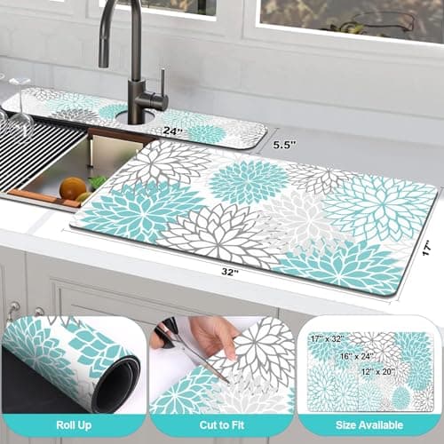 Findosom 2PCS 17" x 32" Dish Drying Mat & 24" x 5.5" Sink Splash Guard, Super Absorbent & Cuttable Dish Mat Drying Kitchen Mat with Teal Floral, Hide Stain Drying Mat for Kitchen Counter - Thumbnail 2