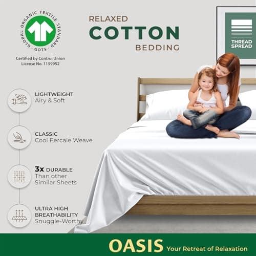 THREAD SPREAD 100% Organic Cotton Sheets California King Size - 4 PC Organic Cotton Cal King Size Percale Weave Sheet Set, Soft, Cooling & Crisp, 16" Deep Pocket Hotel Quality Bedding Set - White - Thumbnail 4