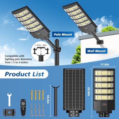 AsWonist 10000W Solar Street Lights Outdoor - 6500K Solar Lights Outdoor IP66 Waterproof, Solar Street Light Dusk to Dawn, Solar Flood Lights Outdoor Motion Sensor with Remote Control for Yard, Garage - Thumbnail 4