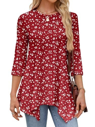 JUSTFASHIONNOW Tunic Tops for Women Loose Fit Dressy Casual 3/4 Length Sleeve Womens Spring Plus Size Tops Ladies Floral Clothing（Floral Red，XX-Large - Thumbnail 4