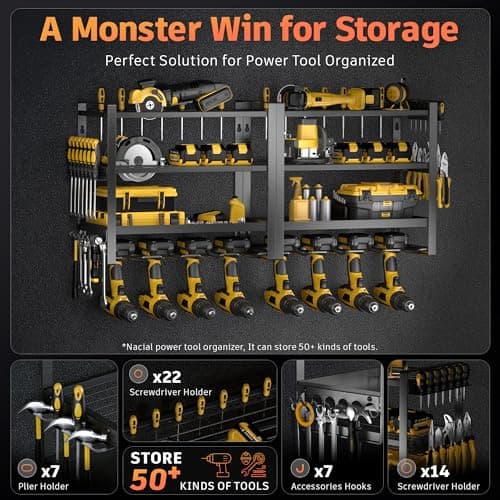 Power Tool Organizer Wall Mount, 4 Layer Drill Holder Wall Mount, Heavy Duty Metal Tool Shelf, Garage Tool Organizers and Storage Rack,Utility Storage Rack for Cordless Drill Charging Station-Black - Thumbnail 2