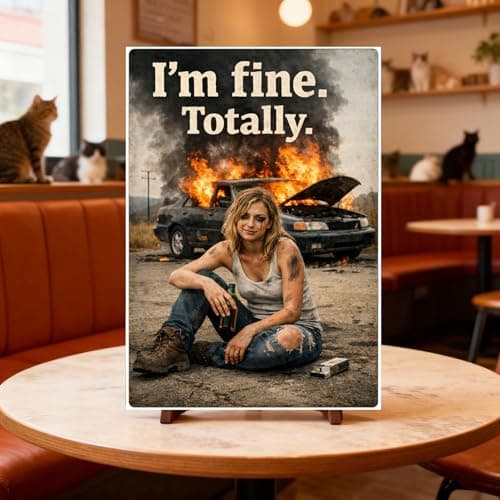 I'm Fine. Totally. Metal Sign - 8x12 Inch Vintage Tin Plaque with Humorous Girl & Burning Car Art, Perfect for Home or Office Decor, Pre-Drilled Holes for Easy Hanging - Thumbnail 4