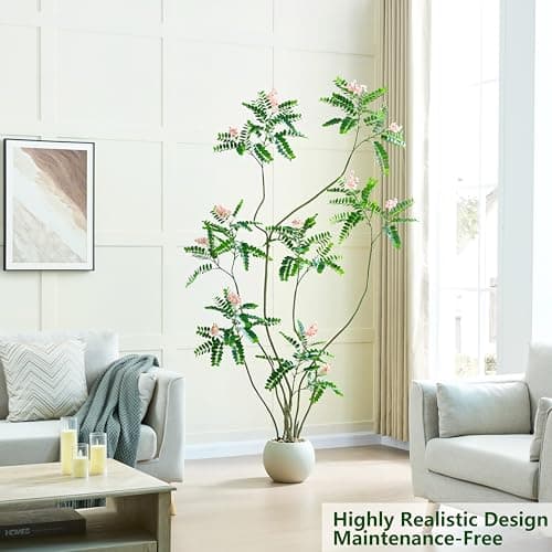 FSOHOI Artificial Mahonia Fortunei Tree - 6FT Artificial Plants Indoor, Fake Floor Plant with White Planter, Tall Sumac Faux Plants for Decor Indoor Home Sala Office Hotel Patio Studio（Pink - Thumbnail 2