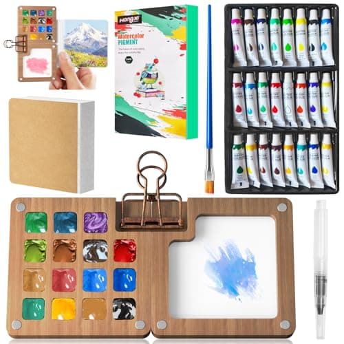 polsmtx Watercolor Paint Set, Mini Watercolor Travel Set, Pocket Watercolor Set With15 Grids Portable Wooden Paint Palette & 24 Paints, Tiny Gift, for Outdoor Hiker Recreationist