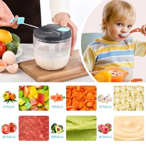 Ziweaye Manual Food Processor Vegetable Chopper, Portable Hand Pull String Garlic Mincer Onion Cutter for Veggies, Ginger, Fruits, Nuts, Herbs, etc., （900ml,Gray-blue） - Thumbnail 3