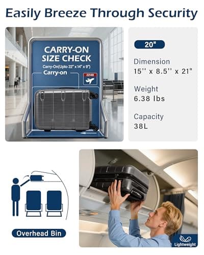 Coolife Carry On Luggage 22x14x9 Airline Approved Hardside PC+ABS Suitcase with TSA Lock, Lightweight Rolling Travel Luggage with Spinner Wheels(Charcoal, 20in) - Thumbnail 2