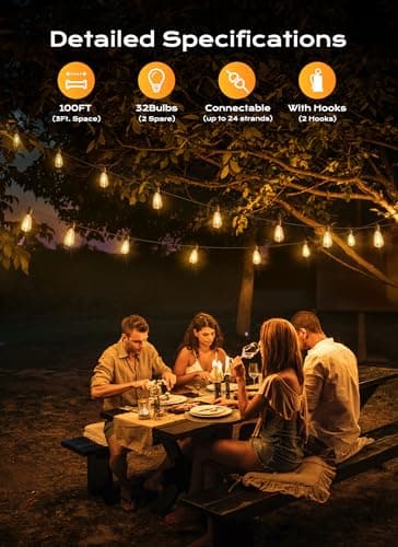 Brightown Outdoor String Lights Patio Lights, 100FT ST38 Shatterproof Dimmable Waterproof Connectable LED Christmas Lights, Hanging Outside Light for Backyard, Porch, Deck, Balcony, Garden, Home Decor - Thumbnail 2