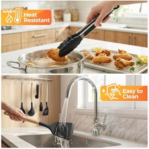 WISELIFE Kitchen Utensils Set - 33 PCS, Heat-Resistant Silicone Cooking Utensils Set with Wooden Handle, BPA-Free Kitchen Gadgets Spatula Sets with Holder for Nonstick Cookware (Black) - Thumbnail 4