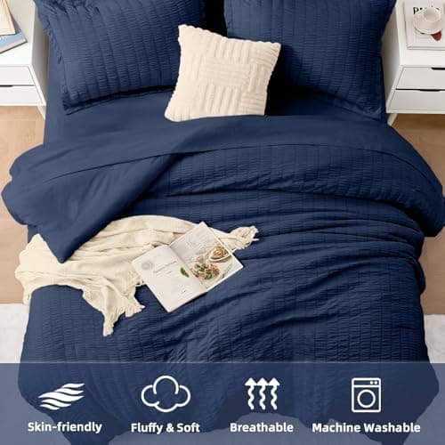 FUANNA King Size Comforter Set 7 Pieces, Luxury Seersucker Bed in a Bag King for All Seasons, Soft King Bedding Set with Comforter, Flat Sheet, Fitted Sheet, Pillowcases & Shams for Bedroom, Navy Blue - Thumbnail 4