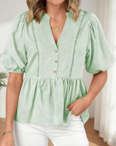 dowerme Womens Summer Tops 2026 Fashion Lantern Short Sleeve V Neck Button Peplum Shirts Spring Stripes Babydoll Blouses(Green,Small) - Thumbnail 4