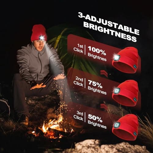 SYMNTEM Rechargeable Bluetooth Music Unisex Beanie Hat with Light for Hiking, Camping, Running, Beanie Headlamp, Gifts for Men, Women, Dad, Him, Her, Husband, Birthday Gifts for Men, Red - Thumbnail 3