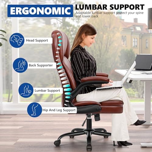PU Leather Executive Office Chair, Ergonomic High-Back Computer & Gaming Chair with Adjustable Height, Rolling Swivel & Flip-Up Armrests, Comfy Padded Seat for Home Office-Brown - Thumbnail 5