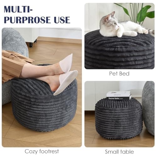 INSPIRE CRAFTER Round Pouf Ottoman,Corduroy Poufs with Memory Foam Filling for Foot Rest,Soft Footstool for Living Room,20"x 15",Dark Grey - Thumbnail 5