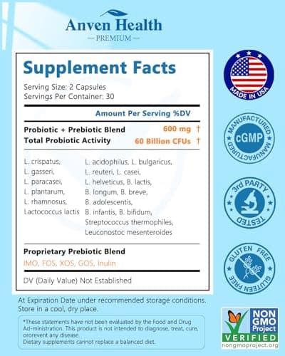 Probiotics 60 Billion CFU for Women and Men - 5 Organic Prebiotics, Plant-Based Delayed Release - Supports Gut, Digestive & Immune Health, Bloating & Gas Relief - Non-GMO, Made in USA - 60 Caps - Thumbnail 2