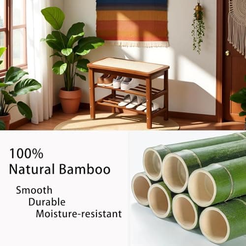 latifolia Shoe Rack Bench, 3-Tier Bamboo Shoe Bench with Breathable Rattan Seat Cushion, Shoe Storage Rack for Entryway(Walnut,23.62''L) - Thumbnail 4