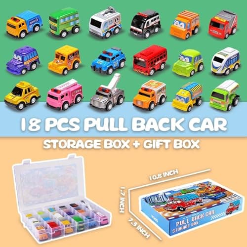 18 Pack Assorted Pull Back Car Toys for Kid with Storage Organizer Box, Mini Model Vehicle Set with Display Case for Child Toddler, Small Play Truck Bulk for Boy and Girl Party Favors, Birthday Gift - Thumbnail 6