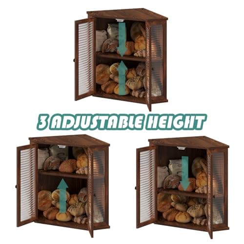 WouZglk Extra Large Corner Bread Box for Kitchen Countertop, 16.5 Inch Charred Pine 2-Tier Breadbox with Glass Wavy Door Panel, Vintage Farmhouse Style Wood Design (Pine Wood) - Thumbnail 4