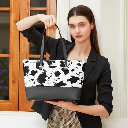 Women Fashion Handbags Wallet Tote Bag Shoulder Bag Top Handle Satchel Cow Print Purse Set 4pcs - Thumbnail 2