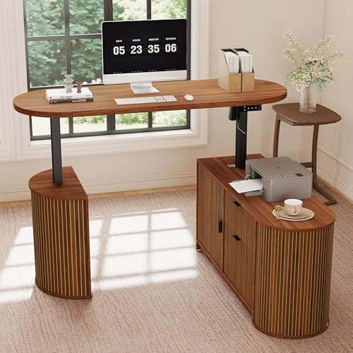 Mid Century Modern Electric L Shaped Standing Desk, 59 x 47 Inch Corner Sit Stand Up Desk with File Drawer, 2 Cabinet, Wooden Adjustable Height Computer Executive Desk for Home Office, Walnut - Thumbnail 4